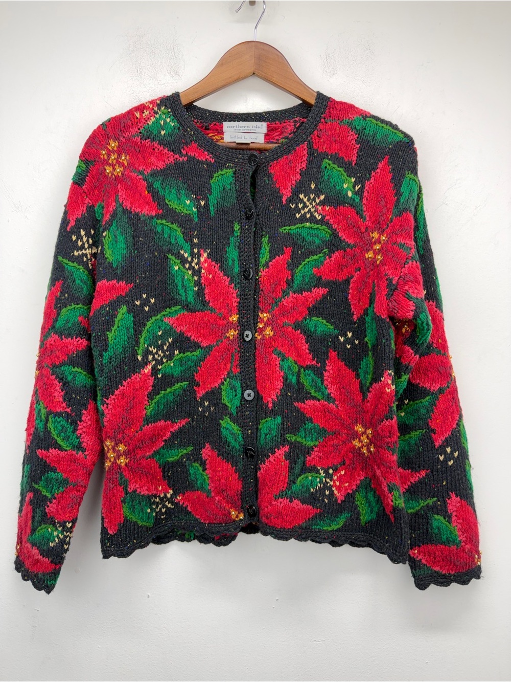 Vintage Northern Isles Sz Medium Christmas Poinsettia Hand Knit Cardigan Sweater
